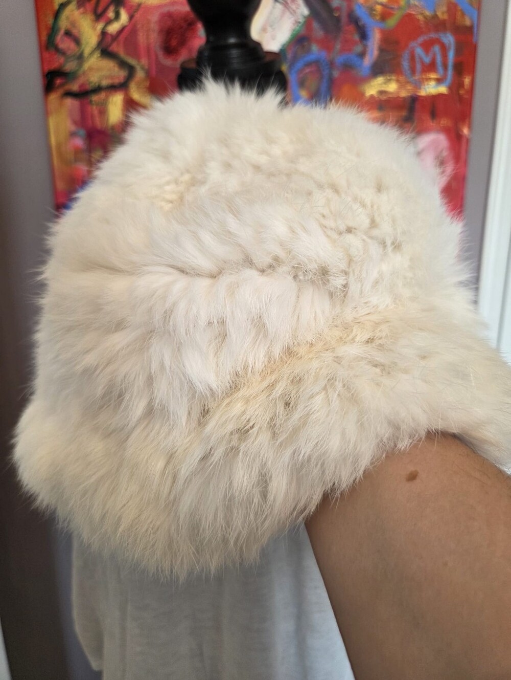 Vintage Knitted Rabbit Fur Bucket Hat Cream Off-White Stretch Slouchy Beanie